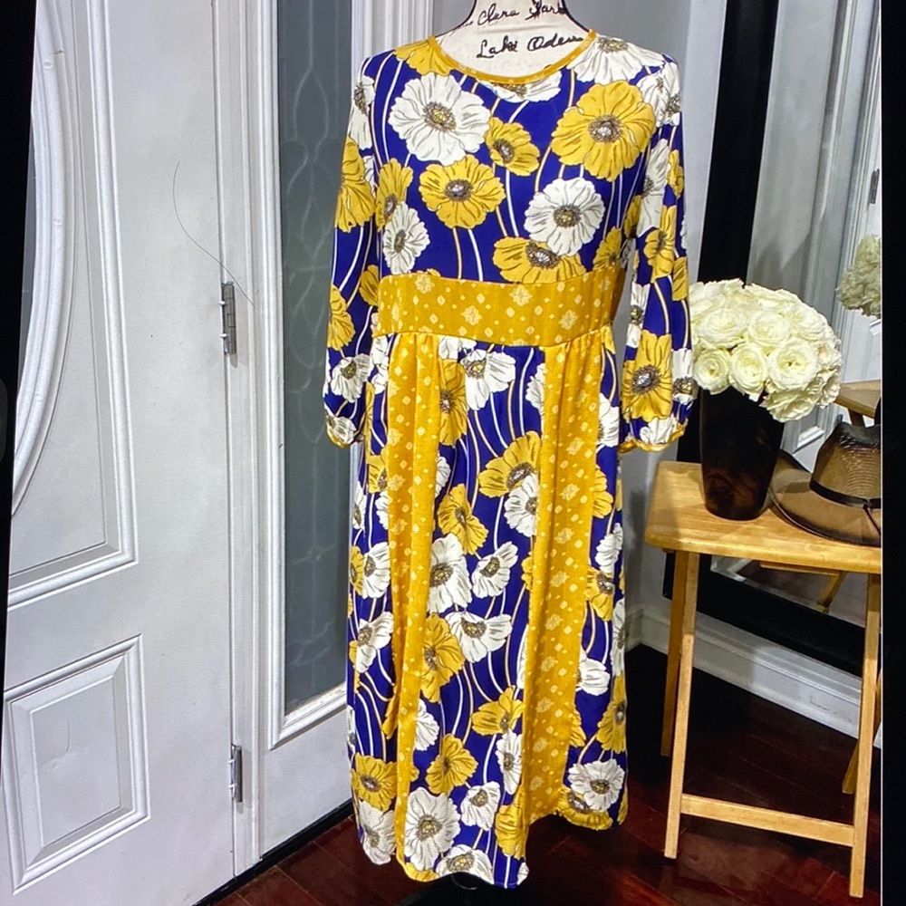 Floral Long Sleeve Dress in Yellow and Blue